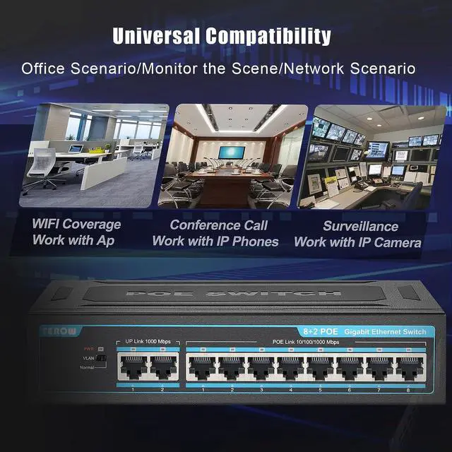Alt view image 3 of 7 - TEROW 10-Port Gigabit PoE+ Network Switch: Featuring 8 PoE+ Ports, 2 Enhanced Uplink Ports, 802.3af/at Compliant, Plug & Play, with Shielded Ports, Traffic Optimization, and Silent Fanless Design