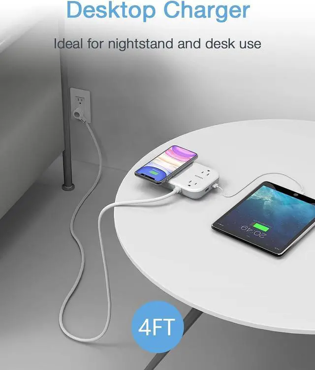 Alt view image 5 of 7 - Wireless Charger Small Power Strip 2 USB A Ports, TESSAN Mini Flat Plug Nightstand Desktop Charging Station with 2 Outlet 4 ft Extension Cord, Compatible with iPhone and Samsung for Dorm Room Cruise