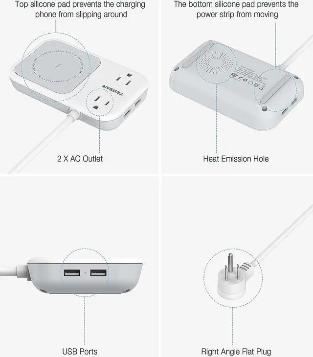 Alt view image 7 of 7 - Wireless Charger Small Power Strip 2 USB A Ports, TESSAN Mini Flat Plug Nightstand Desktop Charging Station with 2 Outlet 4 ft Extension Cord, Compatible with iPhone and Samsung for Dorm Room Cruise