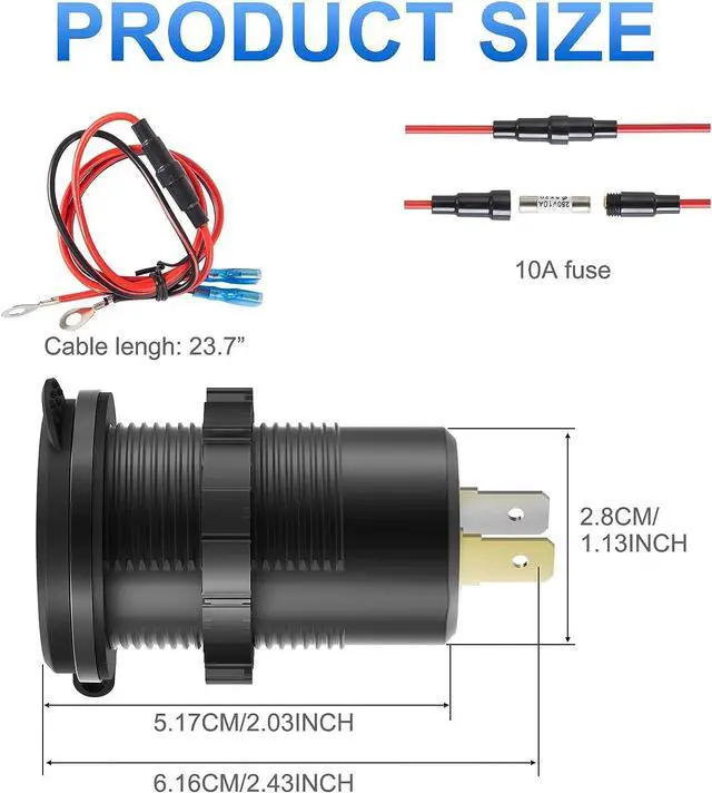 Alt view image 6 of 7 - 12V USB Outlet Wire USB Charger Multi Port, Dual PD3.0 USB-C and Quick Charge3.0 Car Port Socket with Power Switch, Fast Charge for Phone lPad Android Phones, Suitable for Car Boat RV Marine ATV