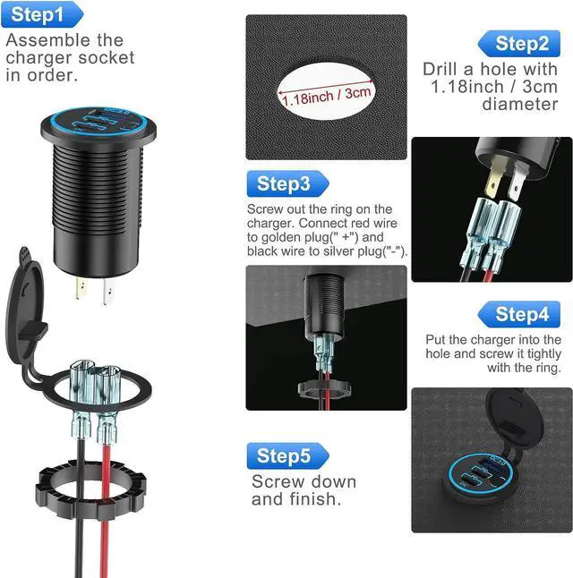 Alt view image 6 of 7 - 2 PACK 12V USB Outlet Wired USB Charger Multi Port Dual PD3.0 USB-C and Quick Charge 3.0 Car USB Port Socket with Power Switch Fast Charger for Cell Phone Tablet Suitable for Car Boat RV Marine ATV