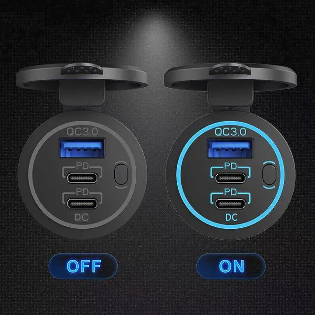 Alt view image 4 of 7 - 12V USB Outlet Wire USB Charger Multi Port, Dual PD3.0 USB-C and Quick Charge3.0 Car USB Port Socket with Power Switch, Fast Charge for iPhone iPad Android Phones, Suitable for Car Boat RV Marine ATV