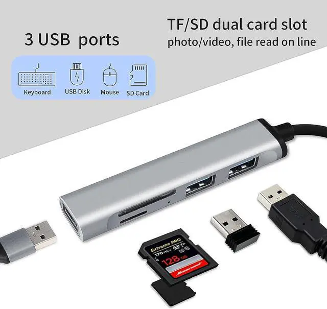 Alt view image 3 of 7 - USB Hub, 5 in 1 USB Port Expander, USB 3.0 Hub Multiport , USB Splitter with SD/TF Cards Reader, USB Docking Station for Laptop, PC, Mac, MacBook, Aluminum