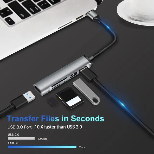 Alt view image 4 of 7 - USB Hub, 5 in 1 USB Port Expander, USB 3.0 Hub Multiport , USB Splitter with SD/TF Cards Reader, USB Docking Station for Laptop, PC, Mac, MacBook, Aluminum