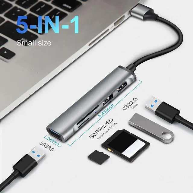 Alt view image 6 of 7 - USB Hub, 5 in 1 USB Port Expander, USB 3.0 Hub Multiport , USB Splitter with SD/TF Cards Reader, USB Docking Station for Laptop, PC, Mac, MacBook, Aluminum