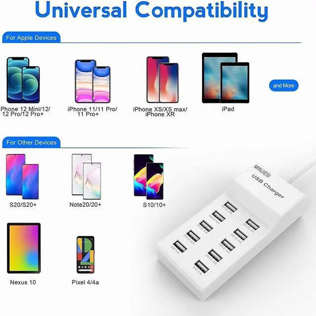 Alt view image 5 of 7 - USB Charging Stations 50w10A 10 Ports Multiple Charging Block/Power USB Strip for iPhone Android Smartphone Tablet Smart Watch AirPods  and Multiple Charger Plug