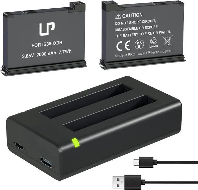 Main image of LP Battery Charger Pack for Insta360 X3-2 Batteries & Fast USB Dual Charger for Insta 360 ONE X3 Action Camera 2000mAh Rechargeable Camera Battery 2-Pack