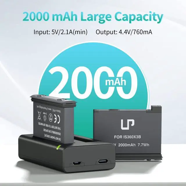 Alt view image 4 of 7 - LP Battery Charger Pack for Insta360 X3-2 Batteries & Fast USB Dual Charger for Insta 360 ONE X3 Action Camera 2000mAh Rechargeable Camera Battery 2-Pack