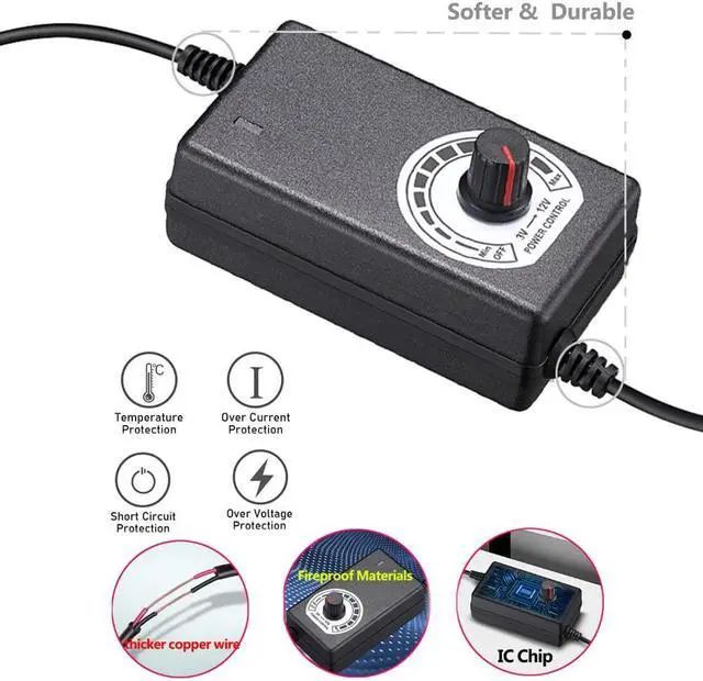 Alt view image 4 of 5 - Triple 3-Pin and 4-Pin PC Fan Power Adapter, 36W 12V Fan Speed Controller,100-240vAC to 3-12vDC Adjustable Power Supply