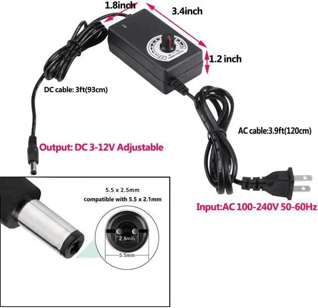 Alt view image 5 of 5 - Triple 3-Pin and 4-Pin PC Fan Power Adapter, 36W 12V Fan Speed Controller,100-240vAC to 3-12vDC Adjustable Power Supply