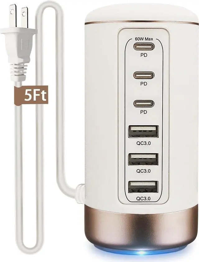Main image of 60W USB-C Charging Station for Multiple Devices, Universal 20W USB-C & 18W USB Charging Hub, Smart IC Identification Technology Charging Tower for iPhone iPad Tablets Smartphones, Home Office Use