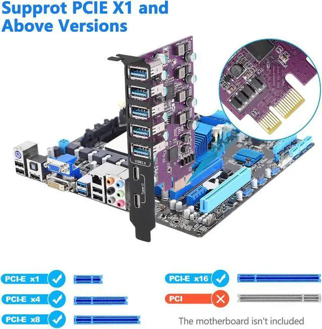 Alt view image 3 of 7 - 7-Ports PCIe to USB 3.0 Expansion Card (2 USB Type-C and 5 USB Type-A Ports), Internal Converter PCI Express Expansion Card for Desktop PC Card, Support Windows XP/7/8/10 and MAC OS (Purple)