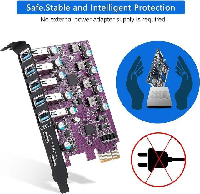 Alt view image 5 of 7 - 7-Ports PCIe to USB 3.0 Expansion Card (2 USB Type-C and 5 USB Type-A Ports), Internal Converter PCI Express Expansion Card for Desktop PC Card, Support Windows XP/7/8/10 and MAC OS (Purple)
