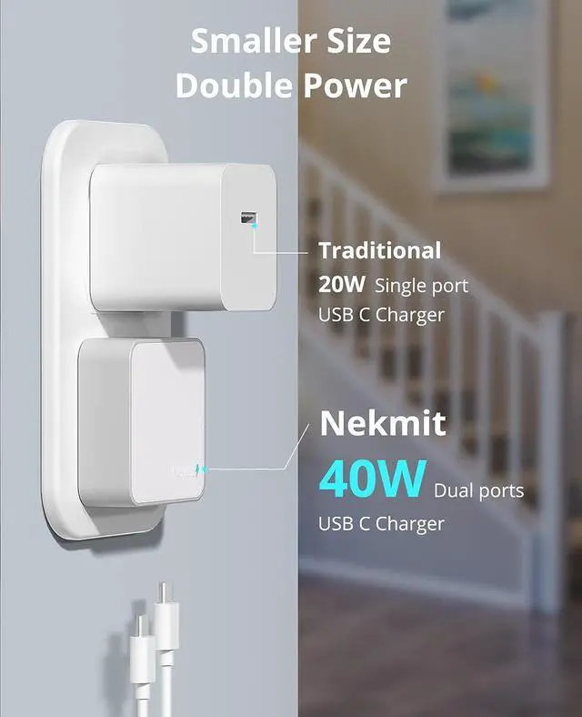 Alt view image 2 of 7 - Nekmit Dual Port USB C Wall Charger, 40W PD Fast Charging USB C Wall Plug Adapter, Flat Thin Slim Type C Charger Block for iPhone 14/14 Pro/14 Pro Max, Galaxy, MacBook Air, iPad, AirPods and More