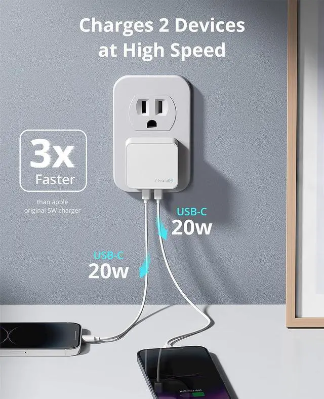Alt view image 4 of 7 - Nekmit Dual Port USB C Wall Charger, 40W PD Fast Charging USB C Wall Plug Adapter, Flat Thin Slim Type C Charger Block for iPhone 14/14 Pro/14 Pro Max, Galaxy, MacBook Air, iPad, AirPods and More