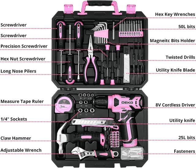 DEKOPRO Drill Set: Tool Set with 8V Pink Cordless Drill, Home Tool
