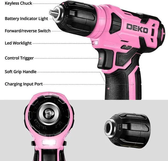 Alt view image 4 of 6 - DEKOPRO Drill Set: Tool Set with 8V Pink Cordless Drill, Home Tool Kit with Drill, Hand Tool Kits for Women 126 Piece