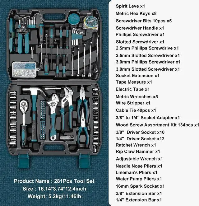 Alt view image 2 of 7 - Sundpey Home Tool Kit 281-PCs - Protable Complete Basic Repair General Hand Tool Sets for Men Women - Full Tool Set with Socket Wrench Set & Screwdriver Set & Metric Hex Key & Pliers & Tool Box Case