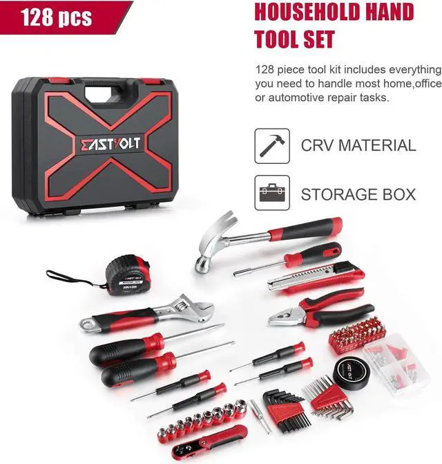 Alt view image 2 of 7 - Eastvolt 128-Piece Home Repair Tool Set, Tool Sets for Homeowners, General Household Hand Tool Set with Storage Toolbox, EVHT12801, Black + Red (ASK01)