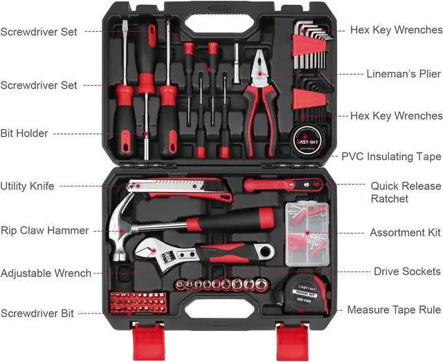 Alt view image 3 of 7 - Eastvolt 128-Piece Home Repair Tool Set, Tool Sets for Homeowners, General Household Hand Tool Set with Storage Toolbox, EVHT12801, Black + Red (ASK01)