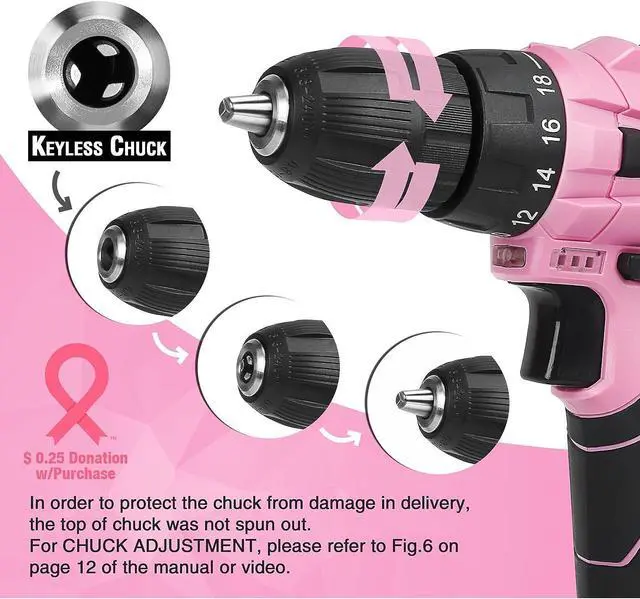 Alt view image 3 of 7 - WORKPRO 12V Pink Cordless Drill Driver and Home Tool Kit, Hand Tool Set for DIY, Home Maintenance, 14-inch Storage Bag Included - Pink Ribbon