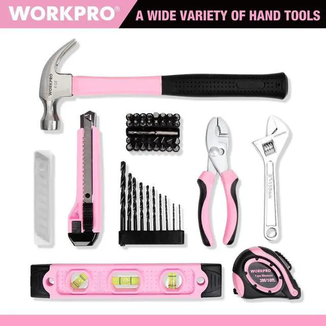 Alt view image 6 of 7 - WORKPRO 12V Pink Cordless Drill Driver and Home Tool Kit, Hand Tool Set for DIY, Home Maintenance, 14-inch Storage Bag Included - Pink Ribbon