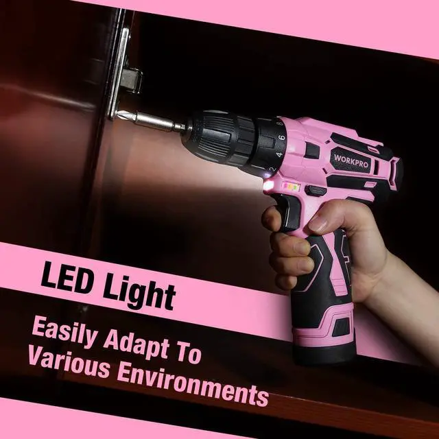 Alt view image 7 of 7 - WORKPRO 12V Pink Cordless Drill Driver and Home Tool Kit, Hand Tool Set for DIY, Home Maintenance, 14-inch Storage Bag Included - Pink Ribbon