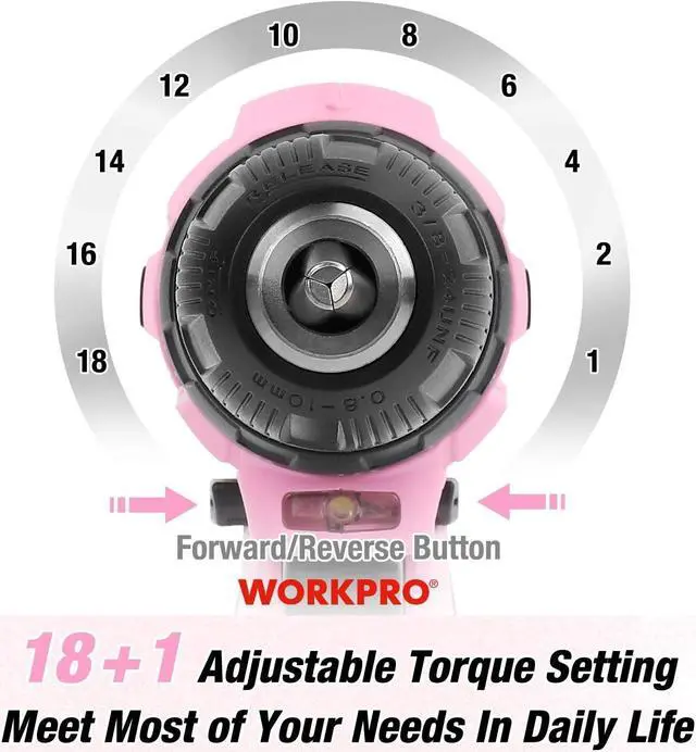 Alt view image 5 of 7 - WORKPRO 12V Pink Cordless Drill Driver and Home Tool Kit, Hand Tool Set for DIY, Home Maintenance, 14-inch Storage Bag Included - Pink Ribbon