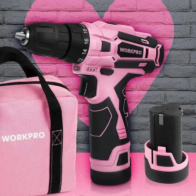 Alt view image 3 of 7 - WORKPRO Pink Cordless Drill Driver Set, 12V Electric Screwdriver Driver Tool Kit, 3/8" Keyless Chuck, Charger and Storage Bag Included - Pink Ribbon