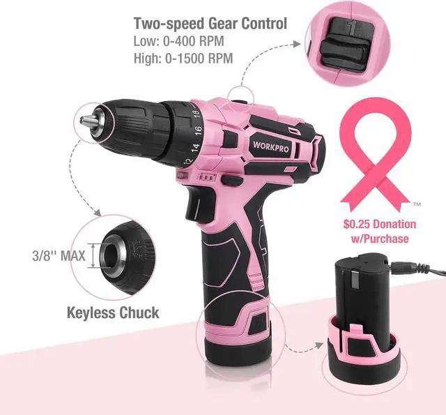 Alt view image 5 of 7 - WORKPRO Pink Cordless Drill Driver Set, 12V Electric Screwdriver Driver Tool Kit, 3/8" Keyless Chuck, Charger and Storage Bag Included - Pink Ribbon