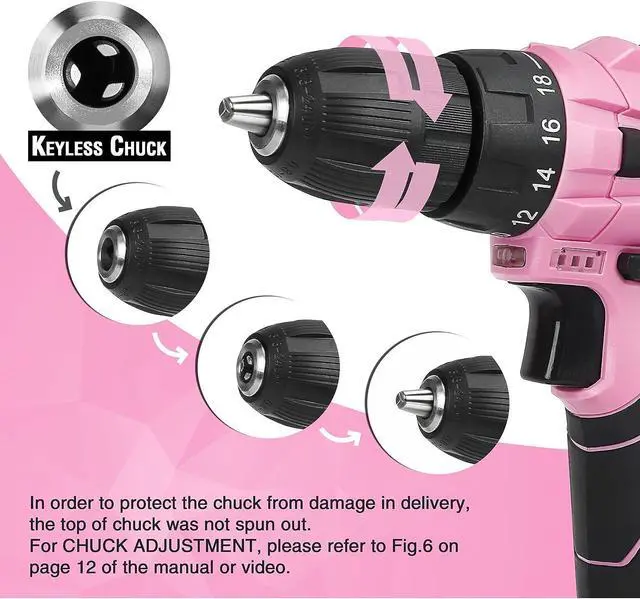 Alt view image 4 of 7 - WORKPRO Pink Cordless Drill Driver Set, 12V Electric Screwdriver Driver Tool Kit, 3/8" Keyless Chuck, Charger and Storage Bag Included - Pink Ribbon