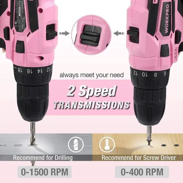 Alt view image 6 of 7 - WORKPRO Pink Cordless Drill Driver Set, 12V Electric Screwdriver Driver Tool Kit, 3/8" Keyless Chuck, Charger and Storage Bag Included - Pink Ribbon