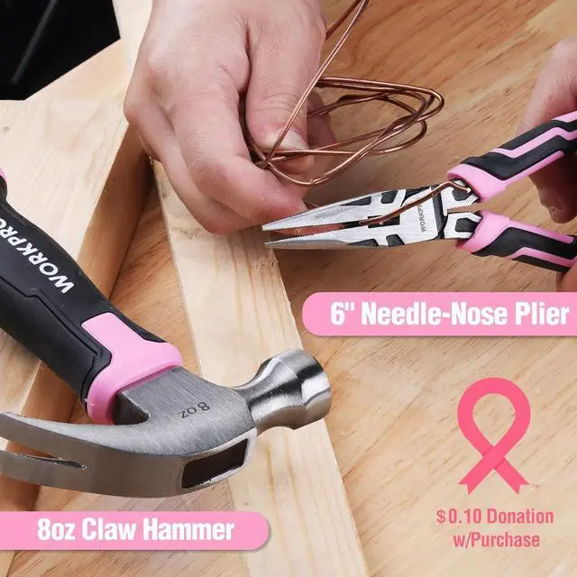Alt view image 4 of 7 - WORKPRO 52-Piece Pink Tools Set, Household Tool Kit with Storage Toolbox, Basic Tool Set for Home, Garage, Apartment, Dorm, New House, Back to School, and as a Gift - Pink Ribbon