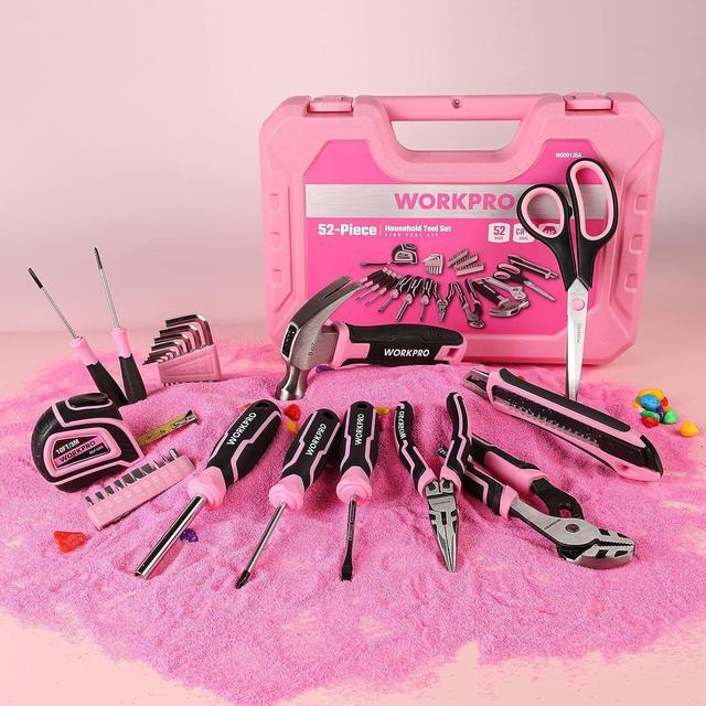 WORKPRO 52-Piece Pink Tools Set, Household Tool Kit with Storage