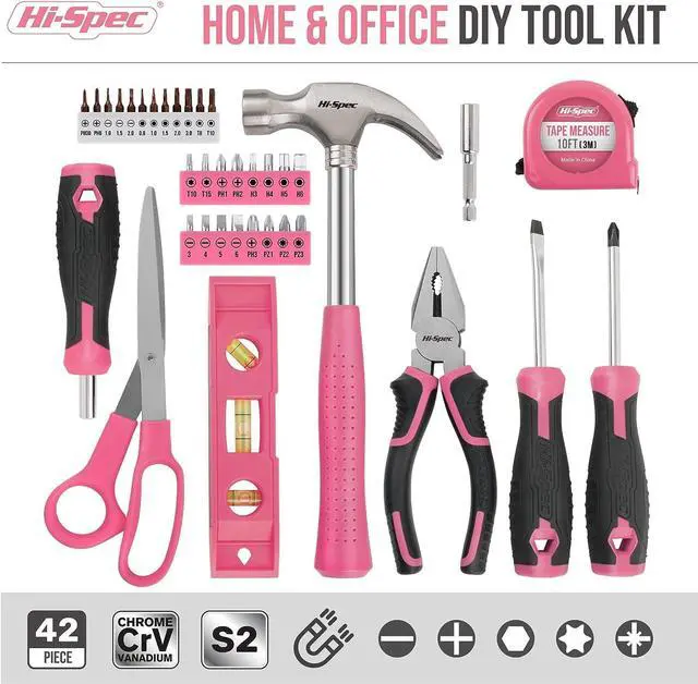 Alt view image 2 of 7 - Hi-Spec 42pc Pink Household DIY Tool Set for Women. Home, Office and College Dorm Small Tool Kit of Starter Basic Ladies Tools