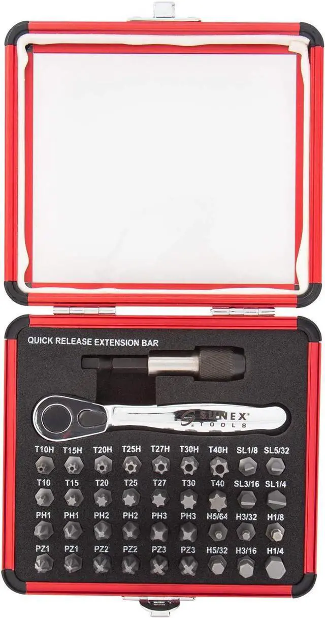 Main image of Sunex 9726 Mini Ratchet and Bit Set, 1/8-Inch - 1/4-Inch S2 Bits, 5/64-Inch - 1/4-Inch hex bits, 38-Piece Silver