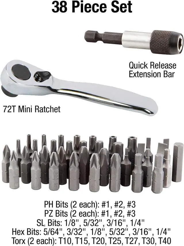 Alt view image 2 of 5 - Sunex 9726 Mini Ratchet and Bit Set, 1/8-Inch - 1/4-Inch S2 Bits, 5/64-Inch - 1/4-Inch hex bits, 38-Piece Silver