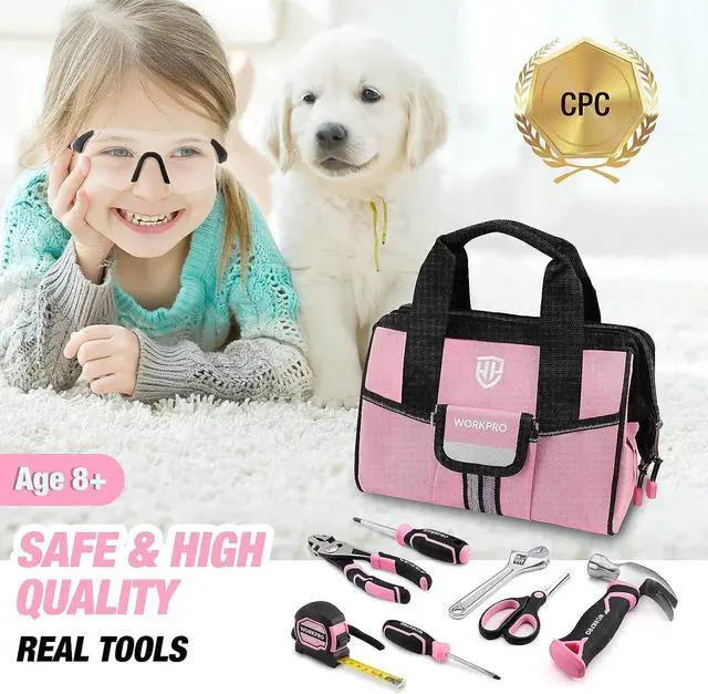 Alt view image 3 of 7 - WORKPRO 9-Piece Kids Real Hand Tool Set, Pink Junior Tool Kit with Storage Bag for Boys, Girls, Children DIY Building and Woodworking, Age 8+