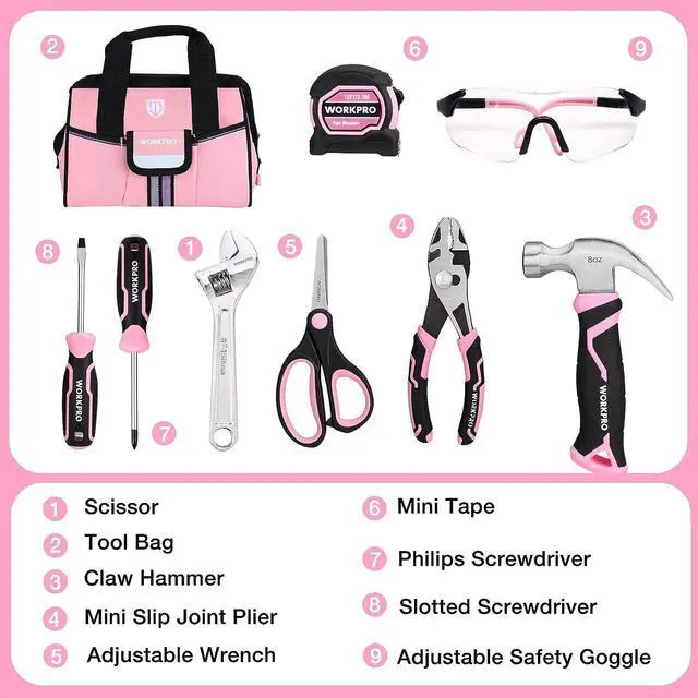Alt view image 4 of 7 - WORKPRO 9-Piece Kids Real Hand Tool Set, Pink Junior Tool Kit with Storage Bag for Boys, Girls, Children DIY Building and Woodworking, Age 8+