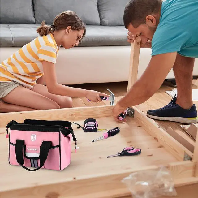 Alt view image 7 of 7 - WORKPRO 9-Piece Kids Real Hand Tool Set, Pink Junior Tool Kit with Storage Bag for Boys, Girls, Children DIY Building and Woodworking, Age 8+