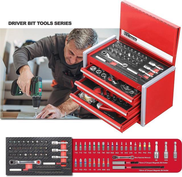 Alt view image 5 of 7 - P.I.T. Portable 3 Drawer Steel Tool Box with 61-Pieces Mechanics Tool Set,Magnetic Locking, Red Hand Carry Tool Cases for Hand Tools Repair Tool Kit