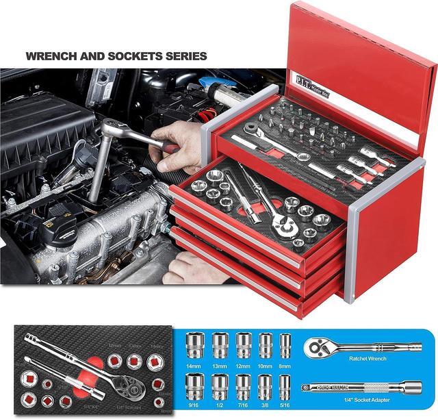 Alt view image 6 of 7 - P.I.T. Portable 3 Drawer Steel Tool Box with 61-Pieces Mechanics Tool Set,Magnetic Locking, Red Hand Carry Tool Cases for Hand Tools Repair Tool Kit