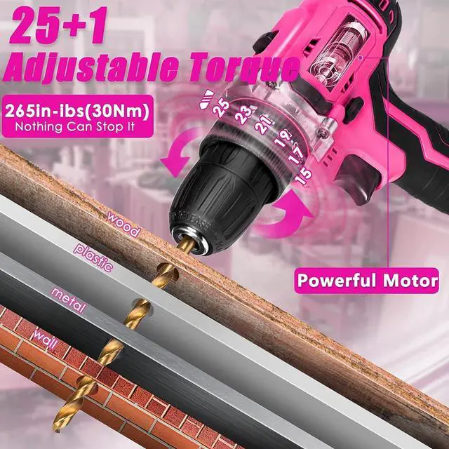 Alt view image 3 of 7 - ThinkLearn Tool Kit with 20V Cordless Drill(265in-lbs), Pink Drill Set for Women, Lady's Home Tool Kit for DIY, Daily Repair Tool Set as a Creative Gift with a Large-Capacity Tool Storage Bag