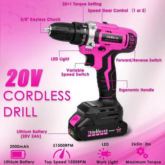 Alt view image 2 of 7 - ThinkLearn Tool Kit with 20V Cordless Drill(265in-lbs), Pink Drill Set for Women, Lady's Home Tool Kit for DIY, Daily Repair Tool Set as a Creative Gift with a Large-Capacity Tool Storage Bag
