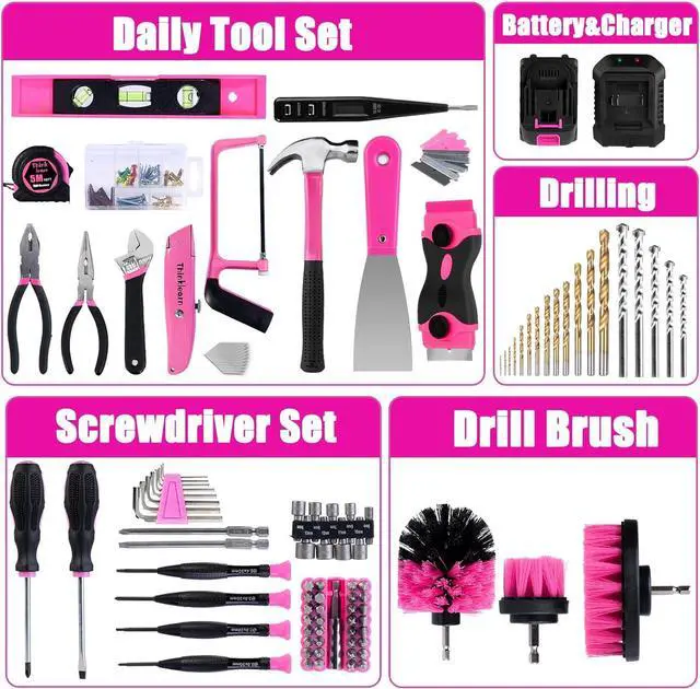 Alt view image 7 of 7 - ThinkLearn Tool Kit with 20V Cordless Drill(265in-lbs), Pink Drill Set for Women, Lady's Home Tool Kit for DIY, Daily Repair Tool Set as a Creative Gift with a Large-Capacity Tool Storage Bag