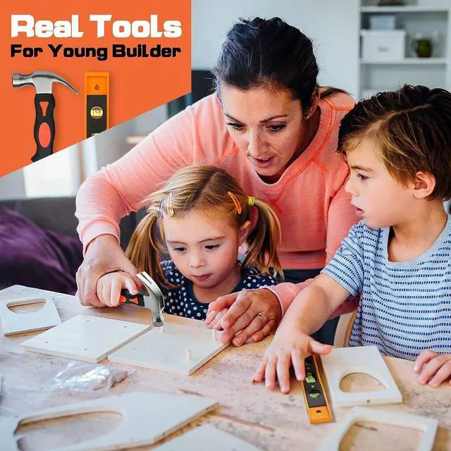 Alt view image 7 of 7 - INCLY 95 PCS Kids Real Tool Set, Boys Small Real Hand Tools Kit, Children Construction Learning Tools Hammer Screwdriver for Home DIY Building and Woodworking,Come with Tool Belt & Bag