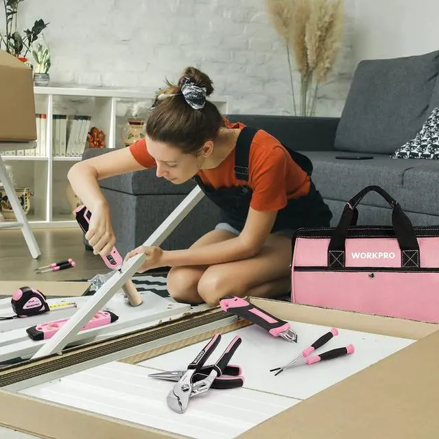 Alt view image 3 of 7 - WORKPRO 53-Piece Pink Tool set with Electric Cordless Screwdriver, Basic Tool Kit Set for Women with 13'' Portable Tool Bag for DIY Home Repair/Maintenance - Pink Ribbon