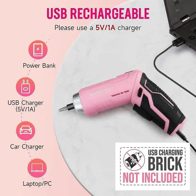 Alt view image 5 of 7 - WORKPRO 53-Piece Pink Tool set with Electric Cordless Screwdriver, Basic Tool Kit Set for Women with 13'' Portable Tool Bag for DIY Home Repair/Maintenance - Pink Ribbon