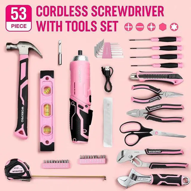 Alt view image 6 of 7 - WORKPRO 53-Piece Pink Tool set with Electric Cordless Screwdriver, Basic Tool Kit Set for Women with 13'' Portable Tool Bag for DIY Home Repair/Maintenance - Pink Ribbon