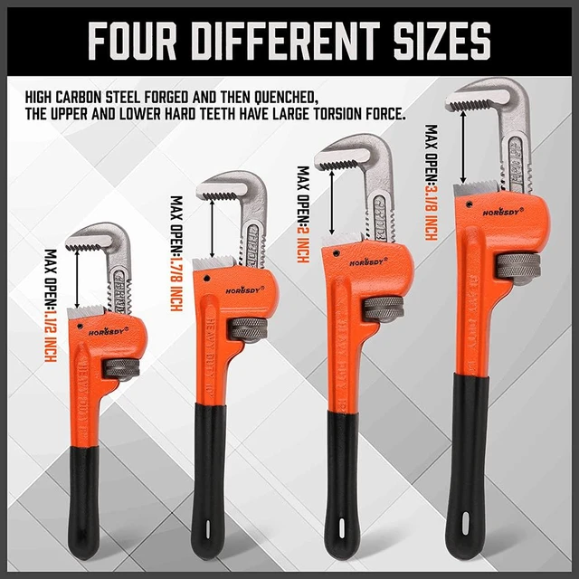 Alt view image 4 of 7 - 4 Pack Heavy Duty Pipe Wrench Set, Adjustable 8" 10" 12" 14" Soft Grip Plumbing Wrench Set with Storage Bag